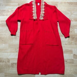 Vintage long open sweater coat Red with gold and crystal embellishment one size